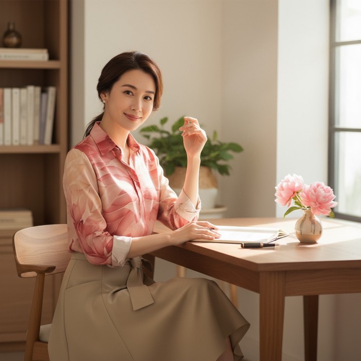  Áo sơ mi lụa dài tay cam họa tiết hoa sen 